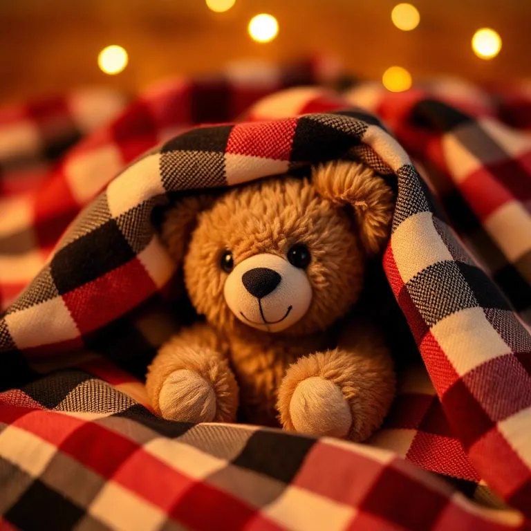 Stuffed bear under a checkered flannel blanket