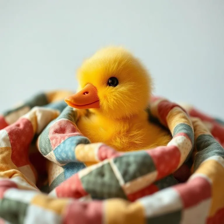 Plush duck wrapped in a patchwork quilt