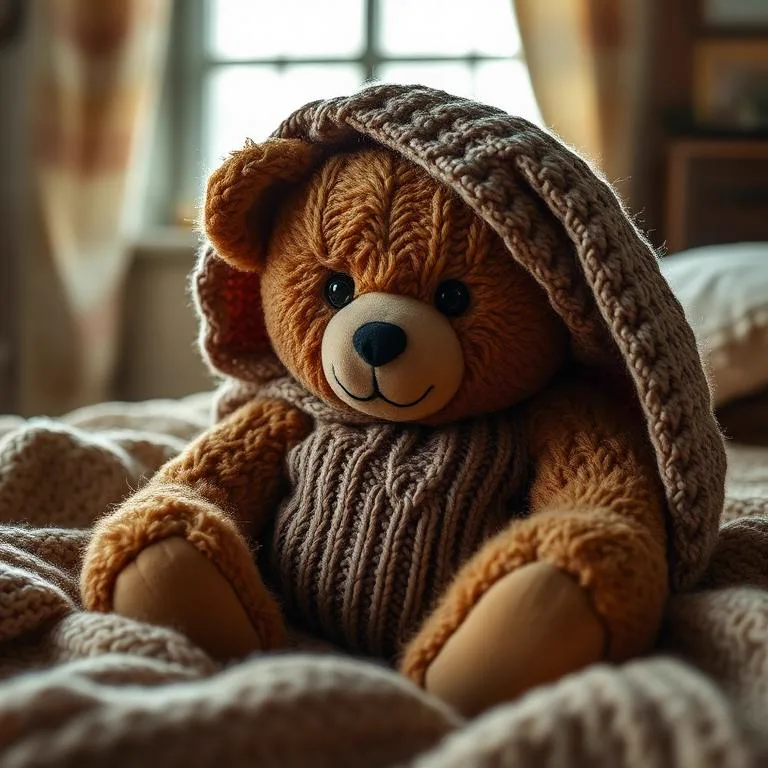 Old teddy under a knitted woolen cover
