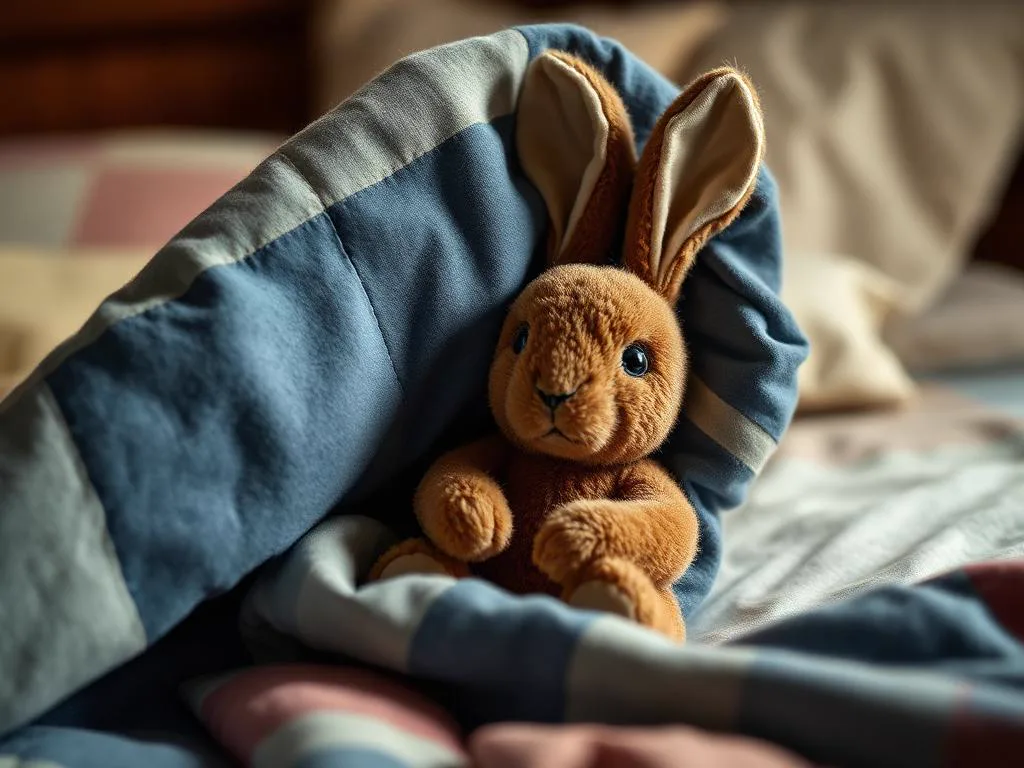 Velvet rabbit tucked under a blue patchwork blanket